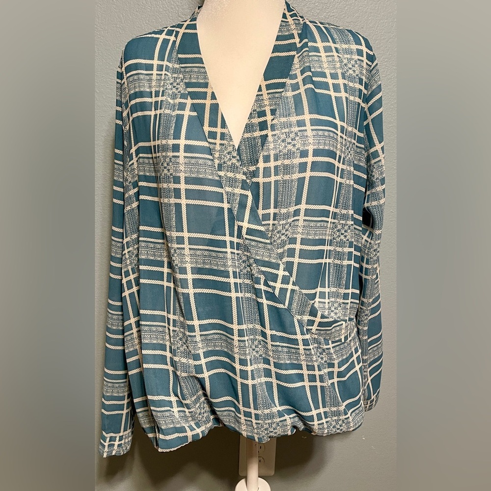 Cabi Women's XL Windowpane Plaid Wrap Front Blouse Teal Off White Boho Chic Work